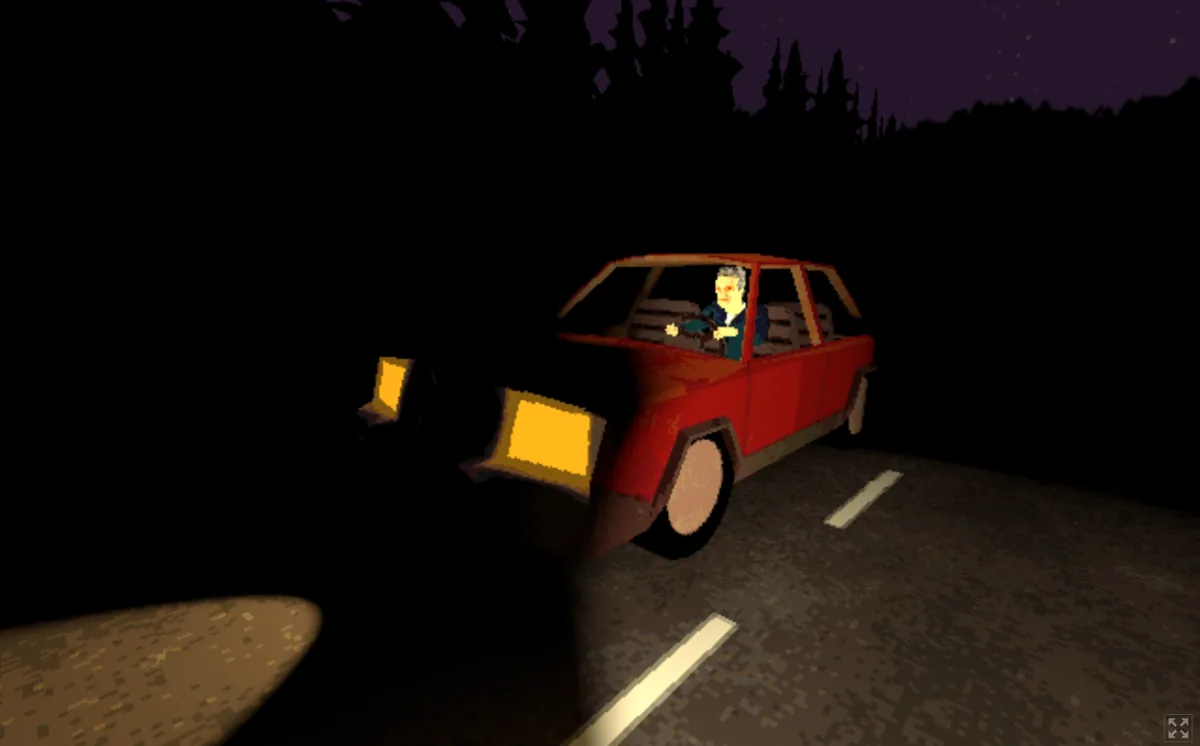 A red car on a dark forest road in Burger & Frights