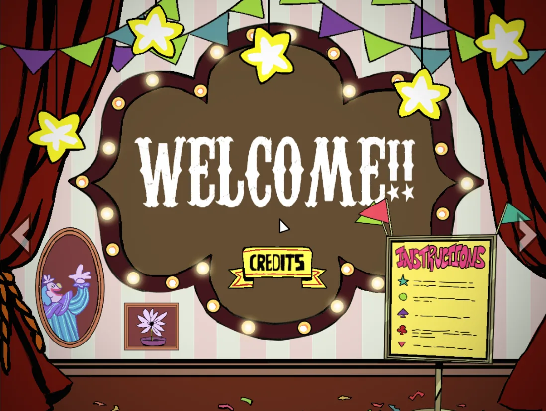 Colorful welcome exhibit with circus lights in Exhibit of Sorrows