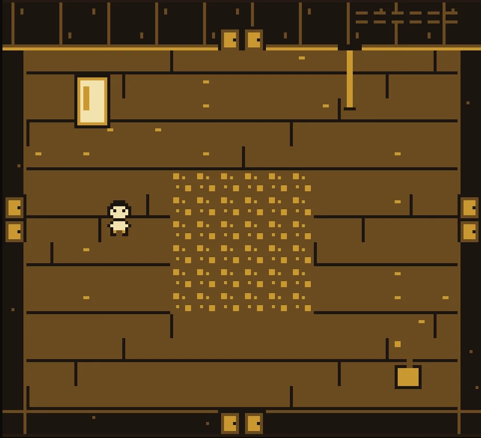 A tiny character inside the four-color house in HEIRLOOM