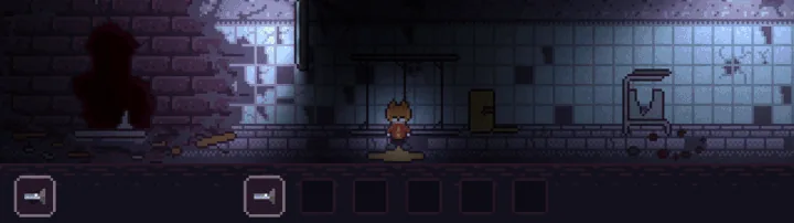 SYNTAXIA character in a dim, tiled room